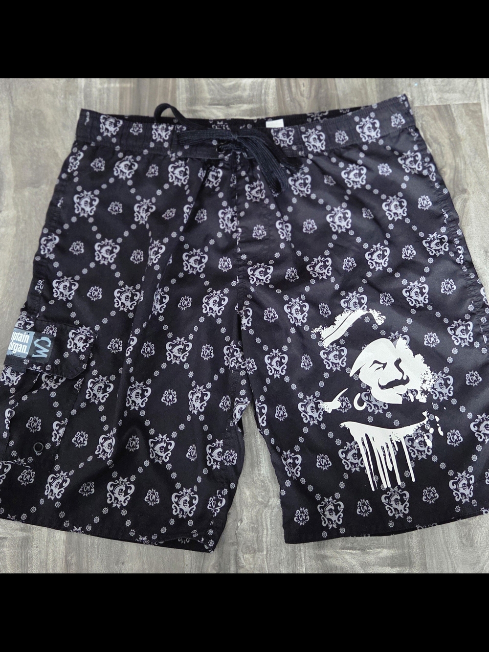 Men's Black Bandana-Print Swim Board Shorts with White Graphic